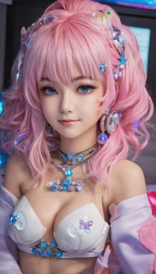 1girl,solo,long hair,breasts,looking at viewer,smile,bangs,blue eyes,hair ornament,cleavage,bare shoulders,jewelry,medium breasts,closed mouth,underwear,upper body,pink hair,earrings,choker,necklace,off shoulder,bra,lips,makeup,gem,realistic,collarbone,sidelocks,detached sleeves,artist name,eyelashes,lipstick,eyeshadow,crystal,pink lips,nose,blue gemstone,mascara