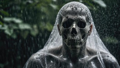 solo,looking at viewer,1boy,collarbone,upper body,male focus,outdoors,blurry,wet,no humans,mask,blurry background,portrait,veil,facing viewer,rain,skull,realistic,bridal veil,tree,depth of field,leaf,alien