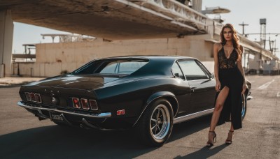 1girl,solo,long hair,breasts,large breasts,brown hair,dress,holding,cleavage,jewelry,medium breasts,standing,outdoors,dark skin,black footwear,black dress,high heels,dark-skinned female,looking to the side,ground vehicle,motor vehicle,side slit,realistic,car,road,vehicle focus,photo background,plunging neckline,sports car,real world location,black hair,brown eyes,makeup,shadow,lipstick