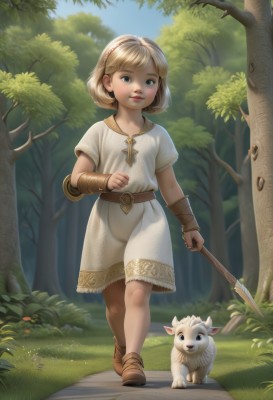 1girl,solo,looking at viewer,short hair,blue eyes,blonde hair,dress,holding,standing,full body,weapon,short sleeves,hairband,boots,outdoors,day,belt,holding weapon,white dress,black eyes,tree,lips,animal,brown footwear,grass,cross,polearm,child,nature,forest,walking,spear,running,dog,realistic,nose,fantasy,female child,road,bracer,holding polearm,path,goat,smile,brown eyes,flower,parted lips,shoes,artist name,nail polish,aged down,red nails,arm guards