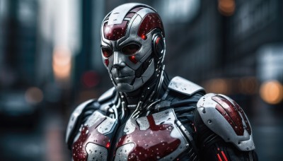 solo,1boy,upper body,male focus,armor,blurry,blood,depth of field,blurry background,helmet,science fiction,realistic,cyborg,power armor,looking at viewer,red eyes,portrait,lens flare,android,bokeh,cyberpunk