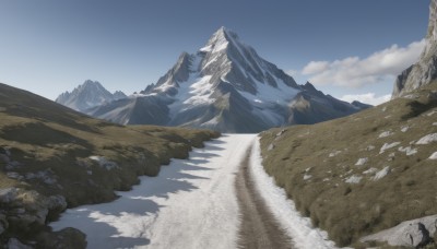 outdoors,sky,day,cloud,tree,blue sky,no humans,cloudy sky,nature,scenery,snow,rock,mountain,landscape,mountainous horizon