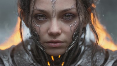 1girl,solo,long hair,looking at viewer,brown hair,brown eyes,closed mouth,armor,blurry,lips,grey eyes,eyelashes,blurry background,portrait,close-up,realistic,nose,straight-on,black hair,depth of field,expressionless,freckles,science fiction