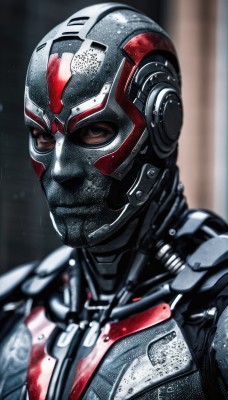 solo,looking at viewer,1boy,brown eyes,upper body,male focus,armor,blurry,bodysuit,blood,mask,blurry background,helmet,portrait,science fiction,realistic,power armor,shiny,signature,black eyes,depth of field,close-up