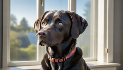 HQ,solo,yellow eyes,day,indoors,blurry,collar,no humans,window,depth of field,blurry background,animal,looking up,dog,realistic,animal focus,animal collar,brown eyes,tree,red collar