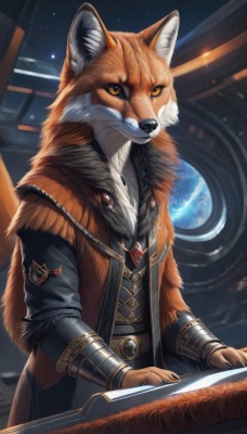 solo,looking at viewer,long sleeves,1boy,animal ears,jewelry,closed mouth,jacket,yellow eyes,male focus,belt,sword,coat,orange eyes,fur trim,slit pupils,brooch,gem,star (sky),furry,colored sclera,space,furry male,body fur,planet,orange fur,brown eyes,sitting,artist name,no humans,animal,watermark,realistic,fantasy