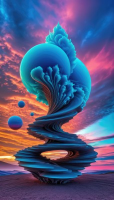 outdoors,sky,cloud,water,blue sky,no humans,ocean,cloudy sky,scenery,reflection,sunset,sun,horizon,twilight,evening,gradient sky,orange sky,jellyfish,red sky,signature,floating,fantasy,orb,surreal