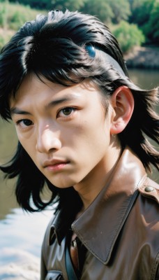 1girl,solo,looking at viewer,short hair,bangs,shirt,black hair,hair ornament,brown eyes,jewelry,closed mouth,jacket,upper body,outdoors,day,hairclip,medium hair,blurry,black eyes,lips,depth of field,blurry background,portrait,freckles,realistic,nose,green eyes,earrings,shiny,zipper,leather,leather jacket