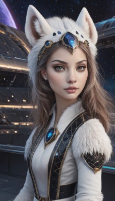 1girl,solo,long hair,breasts,looking at viewer,brown hair,shirt,hat,animal ears,brown eyes,jewelry,closed mouth,white shirt,upper body,earrings,sky,lips,grey eyes,fur trim,eyelashes,makeup,brooch,gem,star (sky),starry sky,freckles,realistic,nose,space,planet,animal hat,spacecraft,hat with ears