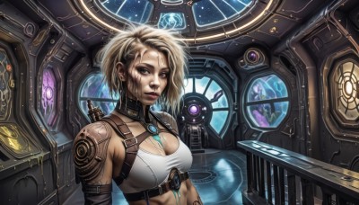 1girl,solo,breasts,looking at viewer,short hair,blue eyes,blonde hair,large breasts,cleavage,bare shoulders,brown eyes,jewelry,medium breasts,upper body,earrings,midriff,lips,crop top,tattoo,makeup,muscular,scar,facial mark,science fiction,realistic,nose,eyeliner,space,arm tattoo,facial tattoo,cyborg,multiple girls,2girls,ponytail,weapon,sweat,solo focus,collar,window,dirty,spacecraft,cyberpunk,dirty face