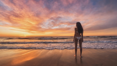 1girl, solo, long hair, black hair, standing, swimsuit, ass, bikini, outdoors, sky, barefoot, cloud, dark skin, water, from behind, dark-skinned female, dutch angle, ocean, white bikini, beach, scenery, sunset, sand, horizon