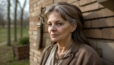 HQ,1girl,solo,long hair,looking at viewer,shirt,jewelry,closed mouth,jacket,white shirt,upper body,grey hair,earrings,outdoors,necktie,day,blurry,tree,lips,grey eyes,depth of field,blurry background,realistic,wall,old,brick wall,old man,old woman,wrinkled skin,brown eyes,necklace,scar,nose