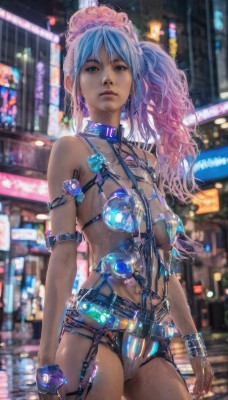 1girl,solo,long hair,breasts,looking at viewer,gloves,navel,bare shoulders,jewelry,medium breasts,blue hair,standing,ponytail,pink hair,multicolored hair,cowboy shot,earrings,outdoors,belt,dark skin,nail polish,blurry,side ponytail,collar,bracelet,two-tone hair,dark-skinned female,lips,gradient hair,blurry background,ring,revealing clothes,science fiction,realistic,cyberpunk,bondage outfit,bangs,blue eyes,swimsuit,white hair,bikini,small breasts,shiny,signature,fingerless gloves,mole,fingernails,wet,shiny skin,night,watermark,piercing,building,single glove,blue nails,freckles,city,leather,harness,city lights,neon lights