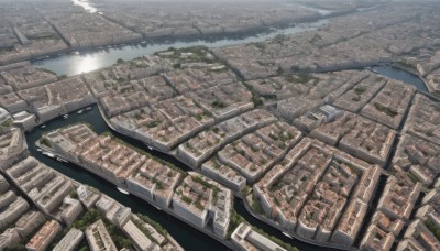 outdoors,water,tree,no humans,from above,building,scenery,city,cityscape,bridge,river,landscape,sky,cloud,dutch angle,sunlight,skyscraper