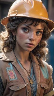 1girl,solo,long hair,looking at viewer,blue eyes,brown hair,shirt,hat,jewelry,jacket,upper body,earrings,parted lips,open clothes,artist name,necklace,blurry,vest,lips,eyelashes,makeup,buttons,blurry background,watermark,wavy hair,helmet,blue shirt,pendant,freckles,curly hair,pocket,brown jacket,realistic,nose,breast pocket,badge,yellow headwear,hardhat,blush,bangs,closed mouth,open jacket,depth of field,web address,facepaint,dirty,open vest,dirty face,denim jacket