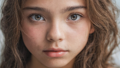 1girl, solo, long hair, looking at viewer, brown hair, brown eyes, closed mouth, lips, eyelashes, portrait, close-up, freckles, realistic, nose