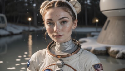 1girl,solo,looking at viewer,smile,short hair,brown hair,brown eyes,closed mouth,upper body,hairband,earrings,hair bun,blurry,black eyes,lips,grey eyes,double bun,depth of field,blurry background,ground vehicle,motor vehicle,snow,freckles,realistic,american flag,spacesuit,astronaut,black hair,jewelry,outdoors,bodysuit,blood,portrait,forehead,science fiction,blood on face,nose,dirty,spacecraft,space helmet