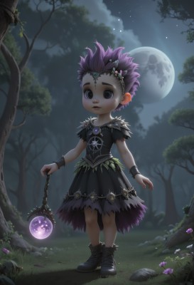 1girl,solo,looking at viewer,short hair,1boy,dress,holding,jewelry,closed mouth,standing,full body,pink hair,purple hair,flower,male focus,boots,outdoors,sky,cloud,black footwear,black eyes,black dress,bracelet,tree,night,glowing,moon,grass,tiara,plant,spiked hair,gem,child,star (sky),nature,night sky,full moon,forest,lantern,fantasy,male child,holding lantern,hair ornament,brown eyes,artist name,necklace,staff,starry sky,circlet,rock,mushroom,forehead jewel