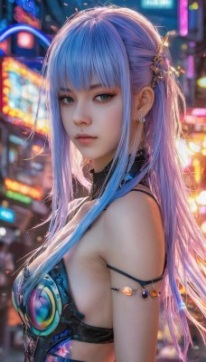 1girl,solo,long hair,breasts,looking at viewer,bangs,hair ornament,bare shoulders,jewelry,medium breasts,closed mouth,green eyes,blue hair,upper body,sidelocks,earrings,outdoors,artist name,blurry,from side,lips,grey eyes,depth of field,blurry background,armlet,realistic,nose,dress,multicolored hair,signature,blunt bangs,eyelashes,gradient hair,makeup,night,watermark,expressionless,gem,eyeshadow,science fiction,eyeliner,arm strap,bokeh,mascara,cyberpunk,neon lights