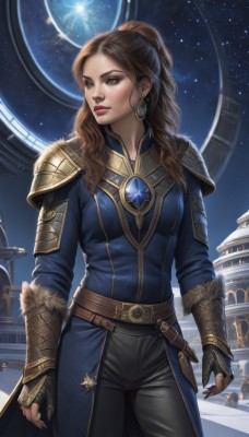 1girl,solo,long hair,breasts,brown hair,gloves,long sleeves,brown eyes,jewelry,standing,ponytail,cowboy shot,earrings,sky,black gloves,belt,pants,artist name,signature,fingerless gloves,armor,lips,fingernails,looking to the side,fur trim,night,black pants,shoulder armor,gauntlets,gem,star (sky),night sky,buckle,brown gloves,starry sky,pauldrons,breastplate,belt buckle,nose,arms at sides,vambraces,red lips,brown belt,space,planet,realistic