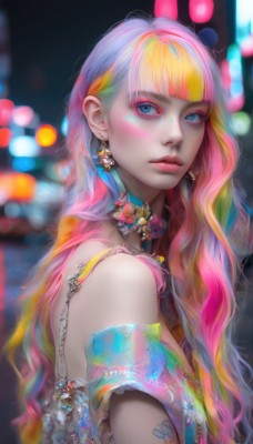 1girl,solo,long hair,looking at viewer,bangs,blue eyes,blonde hair,bare shoulders,jewelry,closed mouth,upper body,pink hair,multicolored hair,earrings,choker,artist name,blunt bangs,necklace,blurry,from side,two-tone hair,lips,streaked hair,looking to the side,eyelashes,tattoo,gradient hair,makeup,depth of field,blurry background,wavy hair,piercing,gem,eyeshadow,pink lips,multicolored eyes,realistic,nose,eyeliner,bokeh,colorful,mascara,rainbow hair,flower,signature