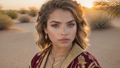 1girl,solo,looking at viewer,short hair,brown hair,brown eyes,jewelry,closed mouth,upper body,earrings,outdoors,day,medium hair,necklace,blurry,lips,portrait,freckles,realistic,nose,long hair,eyelashes,blurry background,beach,floral print,thick eyebrows,backlighting,sunset