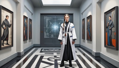 1girl,long hair,looking at viewer,blonde hair,brown hair,black hair,long sleeves,1boy,closed mouth,standing,full body,braid,male focus,boots,japanese clothes,multiple boys,belt,indoors,2boys,black footwear,coat,single braid,shadow,hair over shoulder,robe,door,white coat,painting (object),white robe,black robe,solo,hair ornament,jewelry,multicolored hair,earrings,sash,makeup,science fiction,stairs,realistic,reflective floor