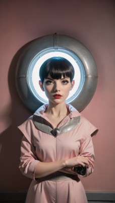 1girl,solo,looking at viewer,short hair,bangs,black hair,dress,brown eyes,closed mouth,standing,upper body,belt,blunt bangs,black eyes,lips,makeup,shadow,lipstick,science fiction,realistic,nose,red lips,serious,cyberpunk