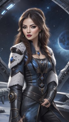 1girl,solo,long hair,breasts,looking at viewer,brown hair,cleavage,brown eyes,jewelry,medium breasts,cowboy shot,earrings,belt,pants,necklace,armor,lips,fur trim,makeup,ring,lipstick,gem,star (sky),bridal gauntlets,pendant,science fiction,realistic,nose,red lips,space,planet,earth (planet),spacecraft,weapon,sky,nail polish,night,black pants,moon,forehead,starry sky