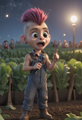 short hair,open mouth,1boy,holding,brown eyes,jewelry,standing,full body,pink hair,male focus,red hair,multicolored hair,earrings,boots,outdoors,multiple boys,teeth,sleeveless,solo focus,artist name,blurry,black eyes,two-tone hair,night,blurry background,piercing,moon,plant,pointing,ear piercing,child,microphone,music,overalls,male child,holding microphone,singing,lamppost,mohawk,1girl,solo,sky,tattoo,leaf,sandals,aged down,night sky