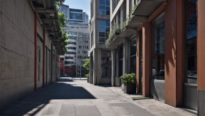 outdoors,sky,day,tree,blue sky,no humans,window,shadow,plant,ground vehicle,building,scenery,motor vehicle,city,sign,door,chinese text,car,road,cityscape,shade,lamppost,street,air conditioner,crosswalk,real world location,cloud,alley