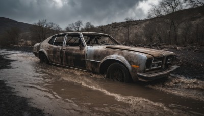 outdoors,sky,cloud,tree,no humans,cloudy sky,ground vehicle,nature,scenery,motor vehicle,forest,realistic,car,road,vehicle focus,bare tree,grey sky,sports car,day,water,grass,tire