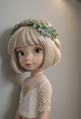 1girl,solo,looking at viewer,short hair,bangs,blonde hair,shirt,hair ornament,brown eyes,jewelry,white shirt,upper body,flower,white hair,short sleeves,hairband,parted lips,hair flower,necklace,flat chest,lips,see-through,shadow,bob cut,child,female child,head wreath,blush,simple background,midriff,realistic