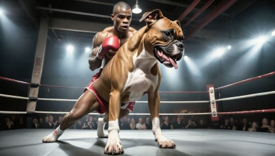 HQ,open mouth,1boy,hat,male focus,multiple boys,shorts,tongue,muscular,facial hair,animal,sunglasses,beard,dog,realistic,bald,red shorts,manly,crowd,boxing gloves,wrestling,stadium,wrestling ring,audience,sweat,barefoot,indoors,light,what,lights