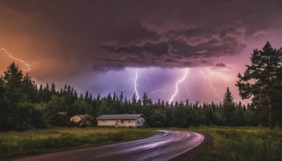 outdoors,sky,cloud,tree,no humans,cloudy sky,grass,ground vehicle,building,nature,scenery,motor vehicle,forest,mountain,electricity,road,bush,house,lightning,landscape,path,field