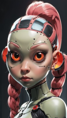 1girl,solo,long hair,looking at viewer,simple background,red eyes,closed mouth,upper body,pink hair,braid,red hair,twin braids,lips,orange eyes,eyelashes,bodysuit,makeup,lipstick,goggles,portrait,freckles,red lips,cyborg,ponytail,artist name,armor,gradient,watermark,black background,science fiction,nose,android,cyberpunk