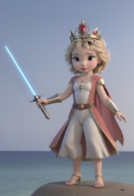 1girl,solo,looking at viewer,short hair,blue eyes,blonde hair,dress,holding,jewelry,closed mouth,standing,full body,weapon,outdoors,sky,belt,sword,water,necklace,cape,holding weapon,white dress,armor,black eyes,lips,ocean,beach,holding sword,sandals,tiara,crown,child,red cape,female child,bracer,energy sword,lightsaber,shoes,high heels,bodysuit,realistic,superhero