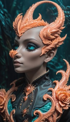 1girl,solo,short hair,blue eyes,jewelry,upper body,flower,parted lips,horns,artist name,dark skin,necklace,blurry,dark-skinned female,lips,eyelashes,makeup,blurry background,rose,colored skin,feathers,gem,portrait,eyeshadow,colored sclera,black sclera,grey skin,black lips,hair ornament,closed mouth,orange hair,aqua eyes,glowing,pale skin,eyeliner,very short hair,gold,laurel crown,blue sclera