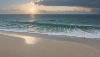 outdoors,sky,cloud,water,no humans,ocean,beach,sunlight,cloudy sky,scenery,sunset,sand,sun,horizon,waves,shore,footprints,day