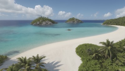 outdoors,sky,day,cloud,water,tree,blue sky,no humans,shadow,ocean,beach,cloudy sky,plant,nature,scenery,rock,sand,palm tree,horizon,watercraft,boat,shore,island,forest,bush,waves,landscape