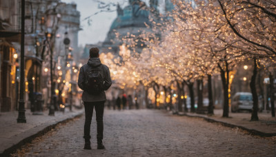 solo, brown hair, 1boy, standing, jacket, male focus, outdoors, pants, bag, from behind, blurry, tree, depth of field, black pants, backpack, ground vehicle, building, scenery, motor vehicle, city, car, road, lamppost, street