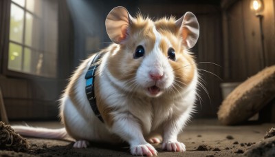 HQ,looking at viewer,open mouth,blue eyes,full body,artist name,indoors,signature,blurry,black eyes,no humans,window,depth of field,blurry background,animal,cat,realistic,animal focus,mouse,whiskers,solo,standing,lamp,white fur