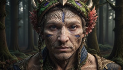 solo,looking at viewer,short hair,blue eyes,1boy,jewelry,closed mouth,male focus,outdoors,horns,blurry,tree,lips,blurry background,facial mark,gem,portrait,nature,forest,realistic,facepaint,old,1girl,brown hair,braid,collar,leaf,feathers,close-up,headdress