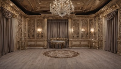 indoors,no humans,chair,table,curtains,scenery,wooden floor,stairs,candle,carpet,candlestand,rug,chandelier,door,throne,ceiling,canopy bed,wooden chair