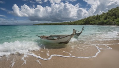 outdoors,sky,day,cloud,water,tree,blue sky,no humans,ocean,beach,cloudy sky,nature,scenery,sand,watercraft,waves,boat,shore,aircraft,horizon,ship,island