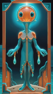 1girl,solo,breasts,looking at viewer,smile,blue eyes,dress,medium breasts,standing,full body,bodysuit,glowing,colored skin,monster girl,blue skin,dripping,slime (substance),slime girl,liquid,artist name,see-through,facing viewer,floating,creature