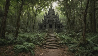 outdoors,day,tree,no humans,sunlight,grass,plant,nature,scenery,forest,stairs,bush,green theme,statue,path,building,ruins