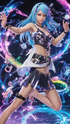 1girl,solo,long hair,breasts,looking at viewer,blue eyes,skirt,navel,cleavage,bare shoulders,jewelry,medium breasts,blue hair,standing,multicolored hair,pleated skirt,hairband,midriff,belt,miniskirt,black skirt,armpits,nail polish,bracelet,lips,thigh strap,sandals,standing on one leg,toenail polish,pink hair,barefoot,crop top,watermark,wristband,web address