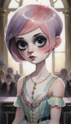 1girl,solo,breasts,looking at viewer,blush,short hair,bangs,blue eyes,dress,bare shoulders,jewelry,closed mouth,collarbone,upper body,pink hair,multicolored hair,small breasts,multiple boys,sleeveless,solo focus,shiny,belt,artist name,indoors,necklace,black eyes,shiny hair,flat chest,two-tone hair,lips,shiny skin,grey eyes,eyelashes,window,makeup,sleeveless dress,blue dress,swept bangs,colored skin,bob cut,lipstick,gem,child,armlet,pendant,eyeshadow,green dress,red lips,eyeliner,mascara,purple hair