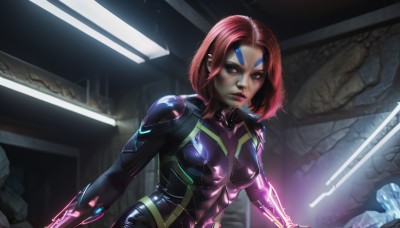 1girl,solo,breasts,looking at viewer,short hair,blue eyes,medium breasts,upper body,red hair,medium hair,lips,bodysuit,blood,makeup,glowing,facial mark,lipstick,skin tight,science fiction,realistic,nose,pink hair,small breasts,shiny,indoors,freckles